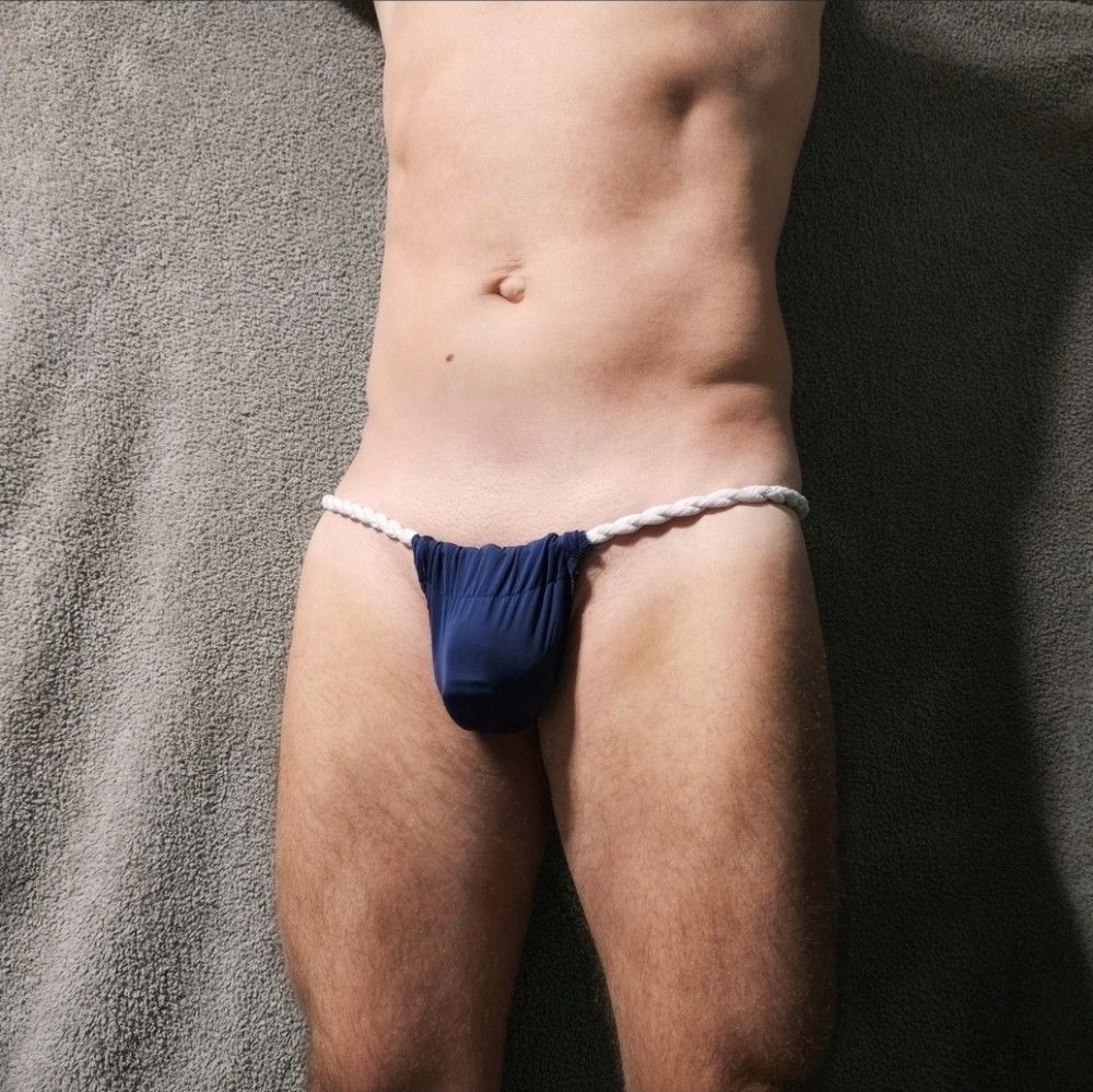 Navy Blue Bikini Swim Bottom with White Rope Detail - Picture 6 of 7